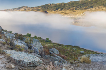 mountain lake in a fog