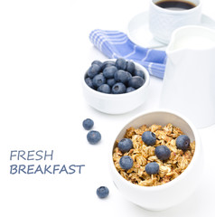 breakfast with homemade granola, blueberries and black coffee