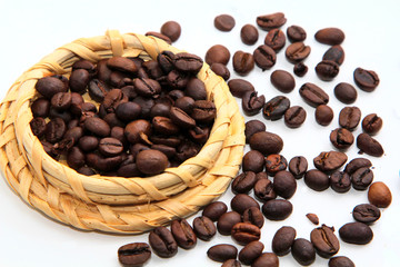 coffee beans closeup in a wicker basket