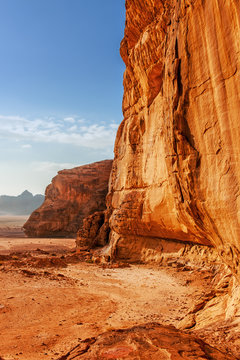 Red sandstone cliff in the desert of Wadi Rum