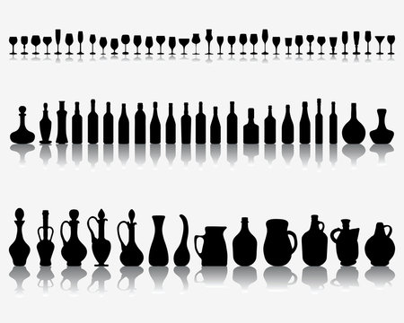 Silhouettes and shadows of wine glasses and bottles, vector