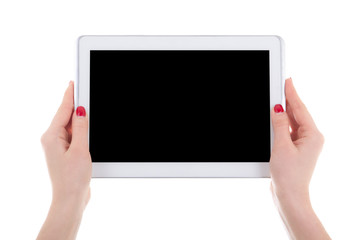 modern tablet pc with empty screen in female hands isolated on w