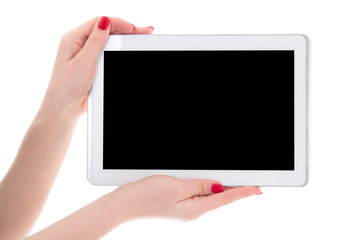 tablet pc with empty copyspace screen in female hands isolated o