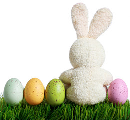 Colorful easter eggs and rabbit on grass, isolated