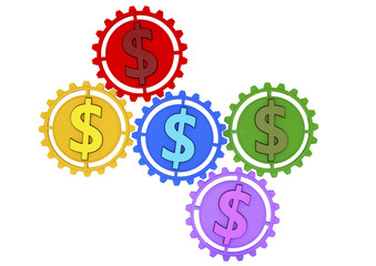 colored gears and dollar sign