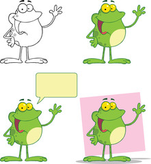Happy Frog Waving A Greeting Cartoon Character. Set Collection