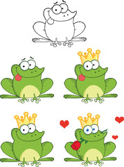 Happy Frog With Tongue Out Cartoon Characters. Set Collection