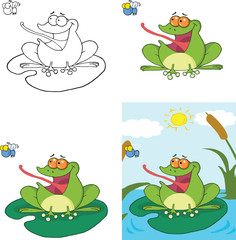 Fototapeta premium Frog Catching A Fly Cartoon Character. Set Collection