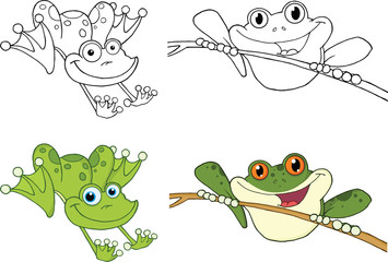 Happy Jumping Frogs Cartoon Characters. Set Collection