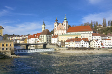 Fototapeta na wymiar Mouth of the river Steyr in the Enns River in the town Steyr 
