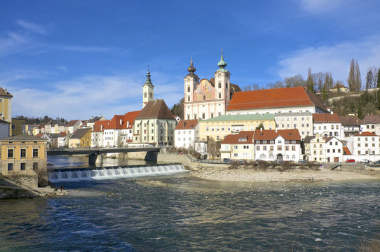 Mouth of the River Steyr into the River Enns in the town of Steyr.