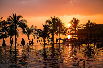 Plakat Sunset over swimming pool at a tropical resort