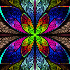 Plakaty  Symetryczny wielokolorowy fraktal kwiat w stylu witrażu. Współ