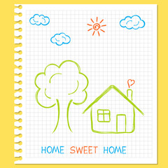 Doodle drawing of house, tree, sun and clouds on squared paper