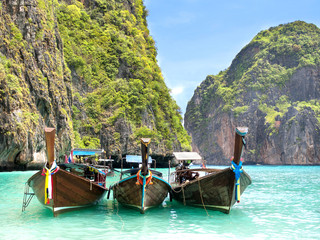 Long-tail Boats in Maya Bay, Ko Phi Phi Leh, Thailand.
