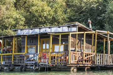 Fototapeta na wymiar Old Wooden Raft Hut On Sava River - Detail