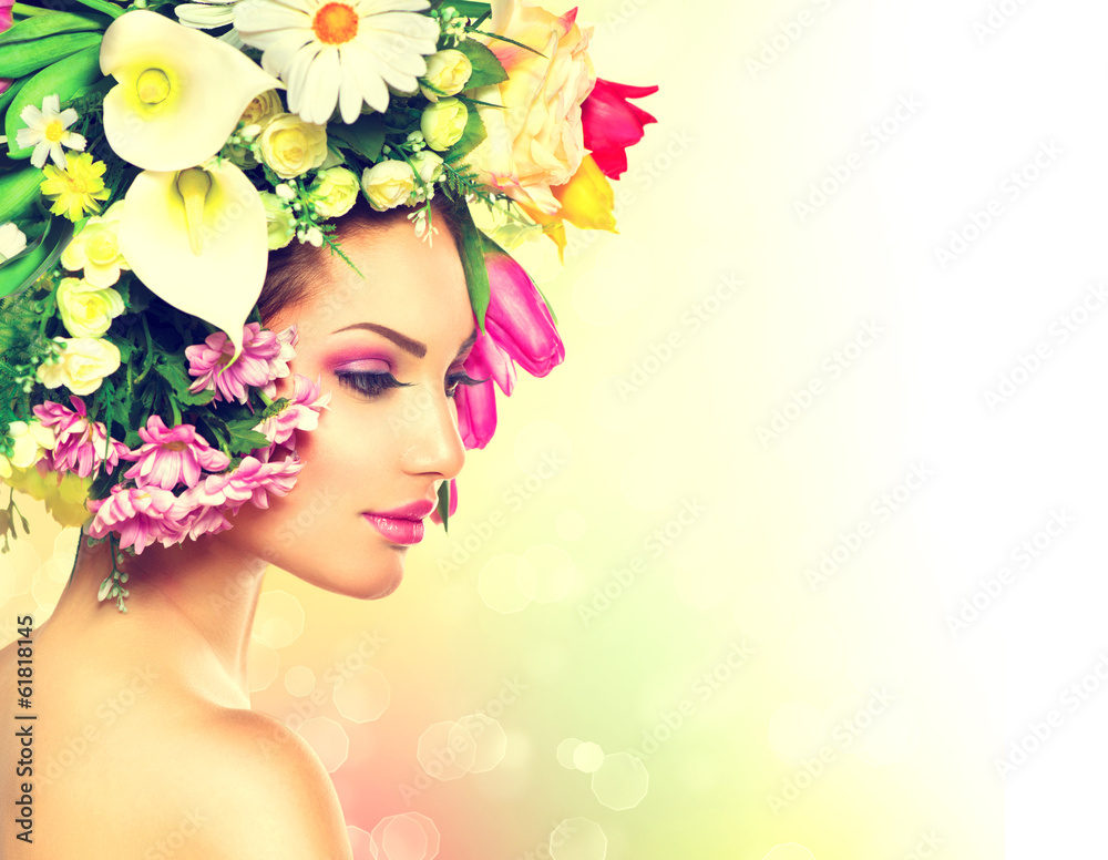 Wall mural Beauty Spring Girl with Flowers Hair Style