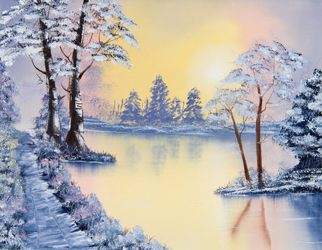 Painting of a pond in Winter