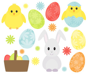 Easter eggs, chicken and cute bunny isolated vector illustration