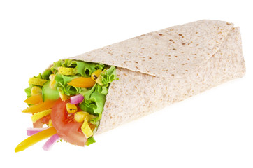 Fresh vegetable wrap with whole wheat tortilla, filled with lettuce, tomatoes, cucumbers, onions,...
