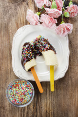 Top view of chocolate dipped bananas
