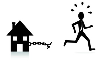 house mortgage concept, man breaking chains and escaping