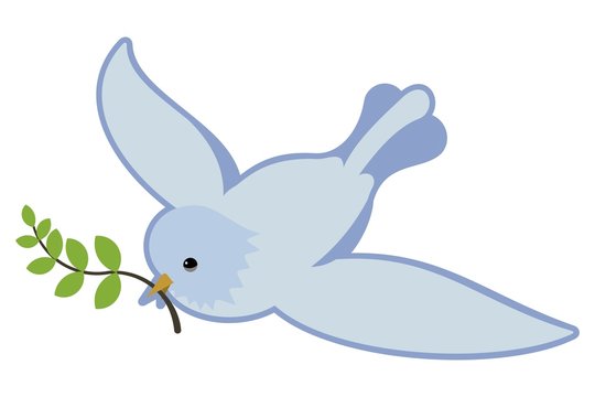 peace symbol, dove in flight holding an olive branch 