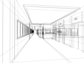 sketch design of interior hall, wire frame