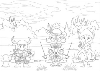 Fantasy heroes in forest, contour
