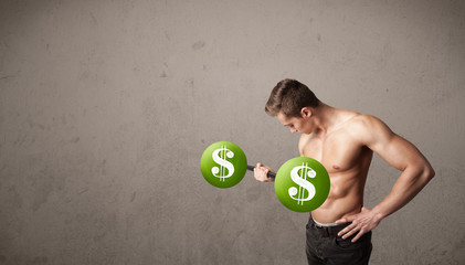 muscular man lifting green dollar sign weights