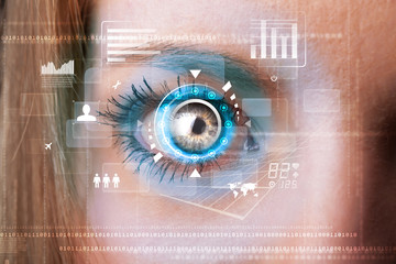 Future woman with cyber technology eye panel concept