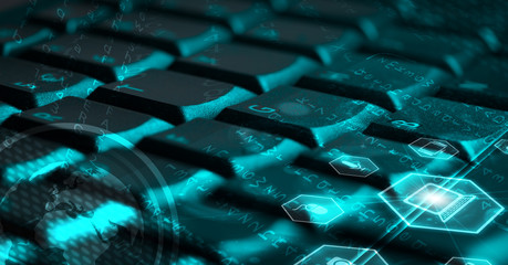 Keyboard with glowing multimedia icons