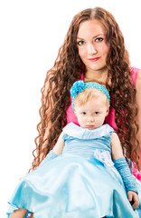 Happy mom and child girl hugging and laughing isolate on white