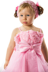 Little cute child girl with with pink bows isolated on white