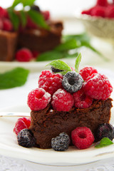 Chocolate mousse cake with raspberries.