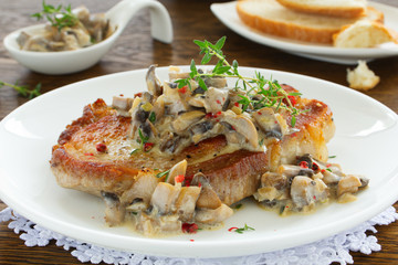 Pork steak with mushroom sauce and cream.