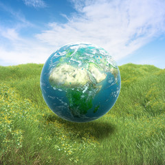 Earth in a green  field of grass