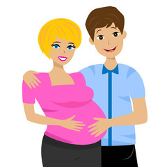 young married couple in expectant of child on white background