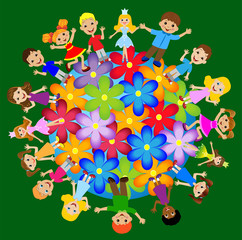 little child stand round floral planet
