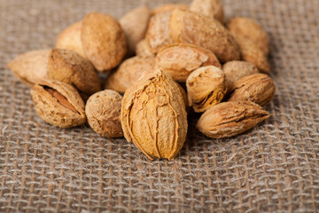 Almonds nuts on sackcloth