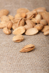 Almonds nuts on sackcloth