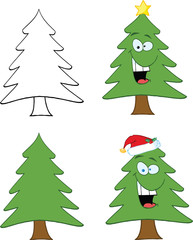 Christmas Tree Cartoon Character. Set Collection