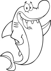 Black And White Happy Shark Cartoon Character Waving.