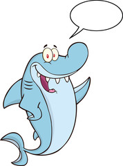 Obraz premium Happy Shark Cartoon Character Waving With Speech Bubble