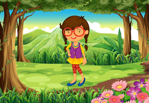 A nerd young lady at the forest