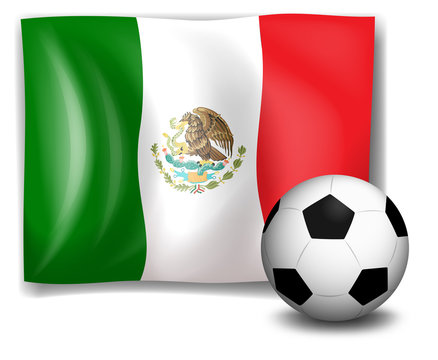 A soccer ball in front of the Mexico flag
