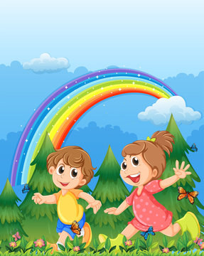 Kids playing near the garden with a rainbow in the sky