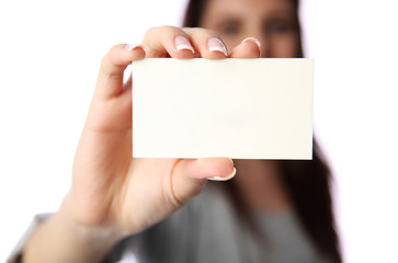 Obraz premium businesswoman holding blank business card
