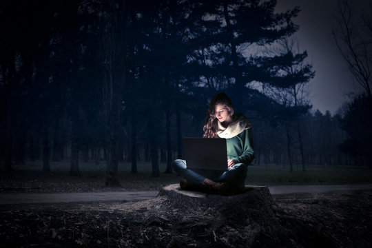 typing in the woods