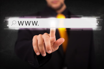 Young businessman touching web browser address bar with www sign